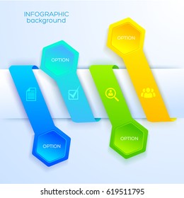 Web infographic template with business icons four colorful ribbons and hexagons on light background vector illustration