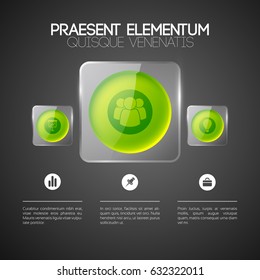 Web infographic template with business icons three green round buttons in glass square frames vector illustration