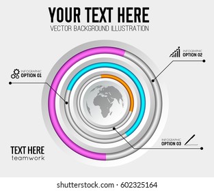 Web infographic template with circle chart colorful rings business icons and globe on light background vector illustration