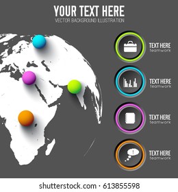 Web infographic template with gray circles business icons and coloful balls on global background vector illustration