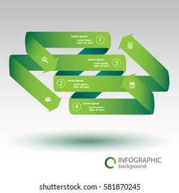 Web infographic template with green bent ribbon arrows four options and white icons isolated vector illustration