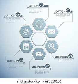 Web infographic template with metal hexagons six options and white icons on light background vector illustration