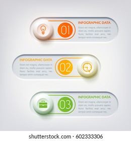 Web infographic template with text three round horizontal banners gray buttons and colorful business icons vector illustration