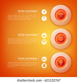Web infographic template with text three glossy red round buttons and business icons vector illustration