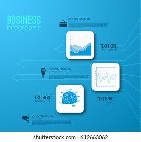 Web infographic template with white squares three options horizontal arrows and icons on blue background vector illustration