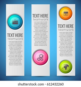 Web infographic vertical banners with text colorful circles and business icons on blue background isolated vector illustration