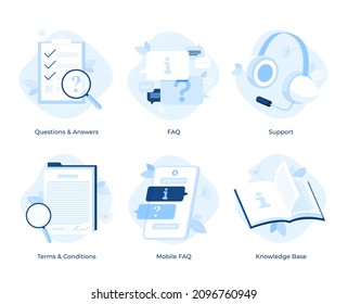 Web information and guide collection: FAQ or questions and answers, technicals support, guidebook or handbook with information, terms and conditions document. Flat vector illustrations for banner.