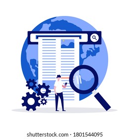 Concepto de búsqueda de información web con carácter usando un amplificador para encontrar información en internet. Ilustración vectorial moderna en estilo plano para página de inicio, aplicación móvil, banner web, imágenes de héroes.