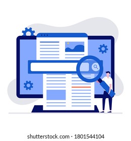 Web information search concept with character using magnifier to find information on internet. Modern vector illustration in flat style for landing page, mobile app, web banner, hero images.