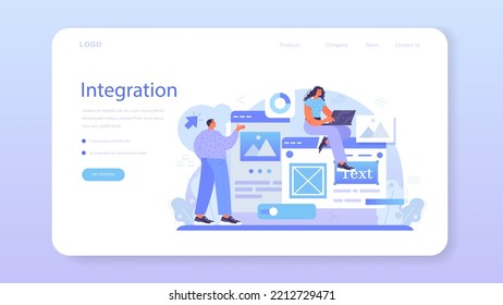 Web integration web banner or landing page. Website layout converting and integrating into computer language, programming software code. Web project development. Flat vector illustration