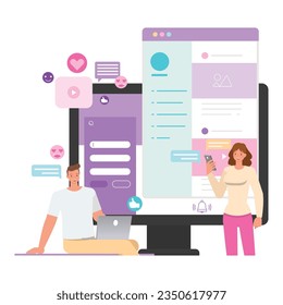 Web interactive illustration concept. Office man and woman working on laptop to create website. Business people character vector design. 