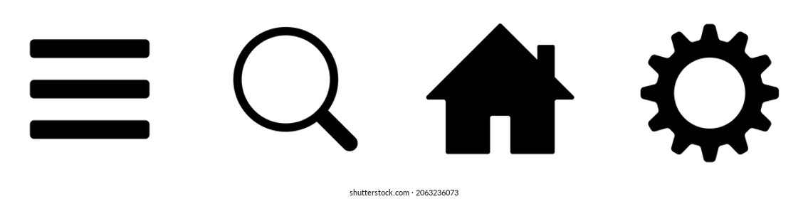 Web interface and application icon collection. Menu, home, magnifying glass and cogwheel symbol. Website sign set. Vector illustration image.