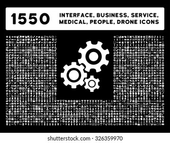 Web interface, business tools, hardware devices, people poses, medical service and awards vector icons. Style is flat symbols, white color, rounded angles, black background.