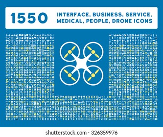Web interface, business tools, hardware devices, people poses, medical service and awards vector icons. Style is bicolor flat symbols, yellow and white colors, rounded angles, blue background.