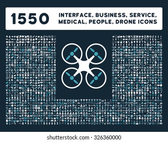 Web interface, business tools, hardware devices, people poses, medical service and awards vector icons. Style is bicolor flat symbols, blue and white colors, rounded angles, dark blue background.