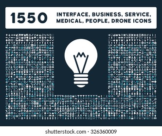 Web interface, business tools, hardware devices, people poses, medical service and awards vector icons. Style is bicolor flat symbols, blue and white colors, rounded angles, dark blue background.