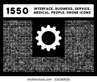 Web interface, business tools, hardware devices, people poses, medical service and awards vector icons. Style is flat symbols, white color, rounded angles, black background.