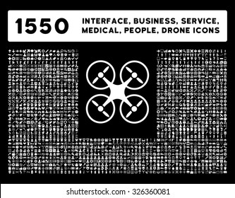 Web interface, business tools, hardware devices, people poses, medical service and awards vector icons. Style is flat symbols, white color, rounded angles, black background.