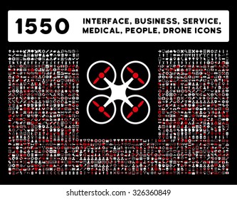 Web interface, business tools, hardware devices, people poses, medical service and awards vector icons. Style is bicolor flat symbols, red and white colors, rounded angles, black background.