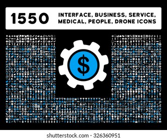 Web interface, business tools, hardware devices, people poses, medical service and awards vector icons. Style is bicolor flat symbols, blue and white colors, rounded angles, black background.