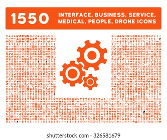 Web interface, business tools, hardware devices, people poses, medical service and awards vector icons. Style is flat symbols, orange color, rounded angles, white background.