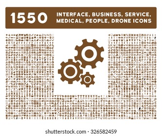 Web interface, business tools, hardware devices, people poses, medical service and awards vector icons. Style is flat symbols, brown color, rounded angles, white background.