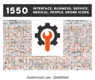 Web interface, business tools, hardware devices, people poses, medical service and awards vector icons. Style is bicolor flat symbols, orange and gray colors, rounded angles, white background.