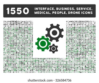 Web interface, business tools, hardware devices, people poses, medical service and awards vector icons. Style is bicolor flat symbols, green and gray colors, rounded angles, white background.