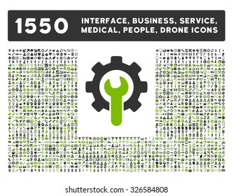 Web interface, business tools, hardware devices, people poses, medical service and awards vector icons. Style is bicolor flat symbols, eco green and gray colors, rounded angles, white background.