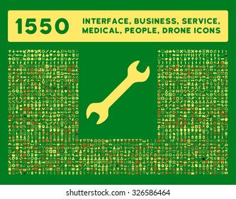 Web interface, business tools, hardware devices, people poses, medical service and awards vector icons. Style is bicolor flat symbols, orange and yellow colors, rounded angles, green background.