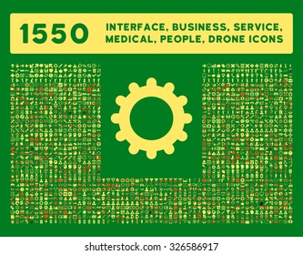 Web interface, business tools, hardware devices, people poses, medical service and awards vector icons. Style is bicolor flat symbols, orange and yellow colors, rounded angles, green background.