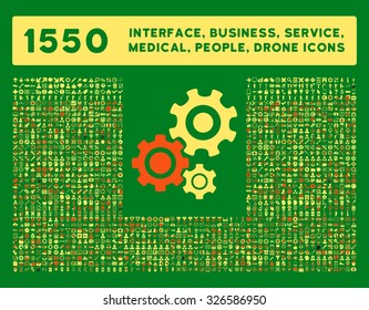 Web interface, business tools, hardware devices, people poses, medical service and awards vector icons. Style is bicolor flat symbols, orange and yellow colors, rounded angles, green background.