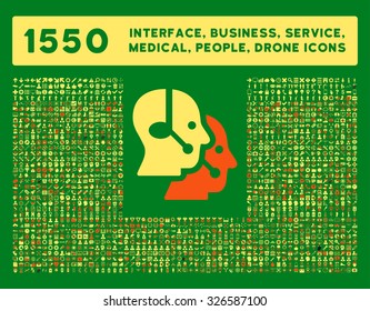 Web interface, business tools, hardware devices, people poses, medical service and awards vector icons. Style is bicolor flat symbols, orange and yellow colors, rounded angles, green background.