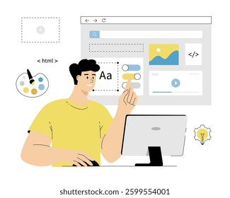Web Interface Design concept. Creating digital graphic layout, wireframe, visual elements for mobile app, sites. Vector illustration on isolated white background.	
