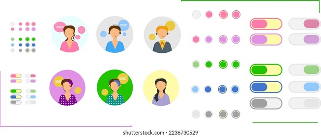 Web interface. Design elements for the web. Avatar of employees in the circle for chat support. switching buttons. Button dies. The set is bright. Vector. People with headphones, site layout, EPS