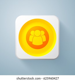Web interface element with orange round button in light square frame and team icon isolated vector illustration