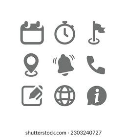 Conjunto de iconos de vector de relleno de interfaz Web. Calendario, fecha, hora y contacto con nosotros iconos.