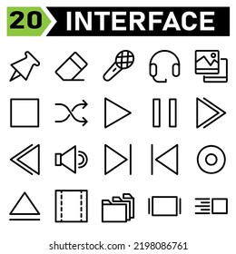 Web interface icon set include pin, web app, pushpin, tack, thumbtack, fasten, eraser, clean, remove, rubber, microphone, record, audio, board cast, headphone, support, earphone, gallery, picture