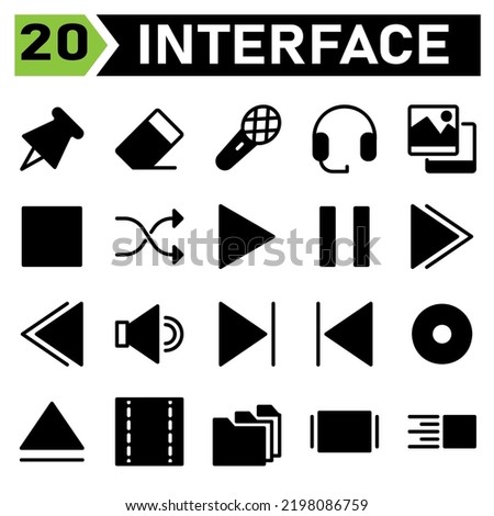 Web interface icon set include pin, web app, pushpin, tack, thumbtack, fasten, eraser, clean, remove, rubber, microphone, record, audio, board cast, headphone, support, earphone, gallery, picture