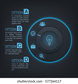 Web interface infographics with round button blue backlight four options and icons on dark background vector illustration