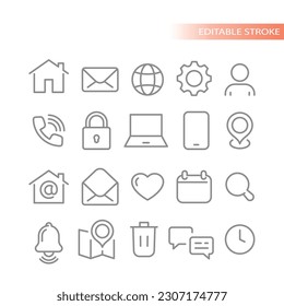 Web interface line vector icon set. Address, date, time and contact us outline icons.
