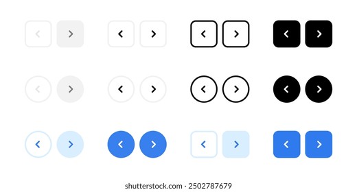 Web interface navigation buttons icon set. Slider arrow buttons symbols. Next and previous round buttons for app. Simple website arrow buttons in three different styles isolated collection.