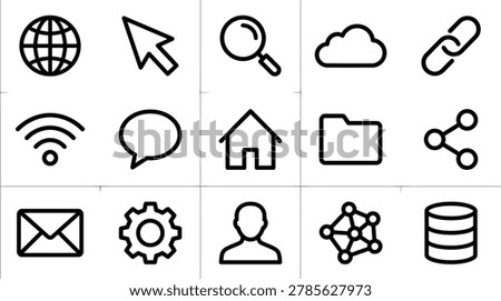 Web Interface Outline Icons Vector Pack. Web interface outline icon pack including internet, cursor, search, cloud, home, folder, mail and database symbols isolated on white background.