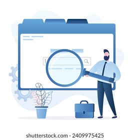 Web interface, search field. Male user searching data in internet browser. Businessman with magnifying glass. Technology of network surfing. Search engine. Database indexing. Flat vector illustration 