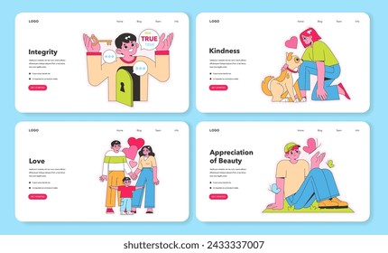Web interface showcasing Character Strengths. Integrity upheld, kindness shared with pets, love within family, and beauty admired in nature. Engaging vector illustrations for thematic websites.