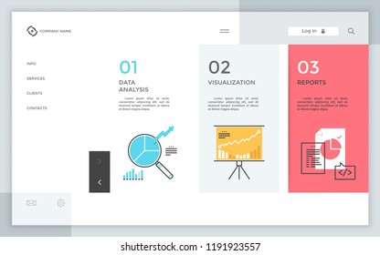 Web interface with three columns, linear symbols, numbers and place for text. List of statistical data analysis services. Infographic design layout. Modern vector illustration for corporate website.