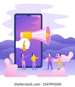 Web internet advertising or referral program concept - group of small people stay around phone with loudspeaker and human hand - vector creative illustration 