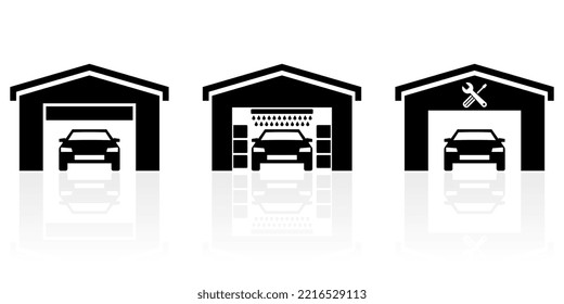 Web- und Internet-Auto-Service-Konzept Vektorsymbol-Set, Garage, Autowäsche, Werkstattsymbole einzeln auf weißem Hintergrund mit Reflexion