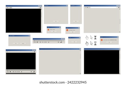 navegador de Internet web, cuadro de diálogo del sistema, ventana emergente de errores y reproductor multimedia estilizado como interfaz de usuario retro