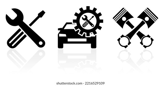 Web and internet car service concept vector icon set, tools, vehicle and pistons symbols isolated on white background with reflection